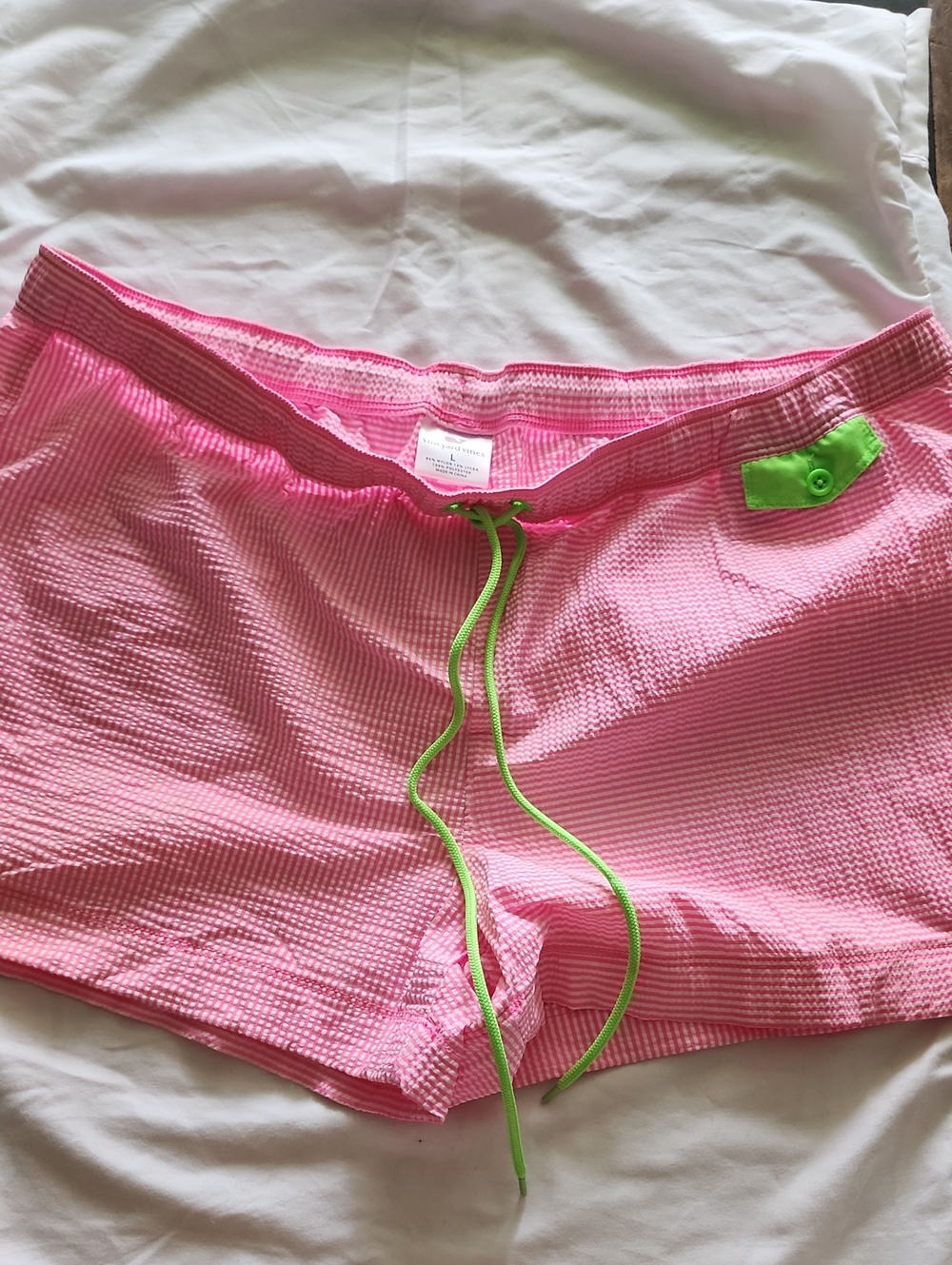 Vineyard Vines Pink Seersucker Chappy Swim Trunks Neon Green Large